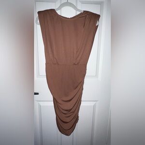 Brown Sleeveless Round hem button open back Dress
